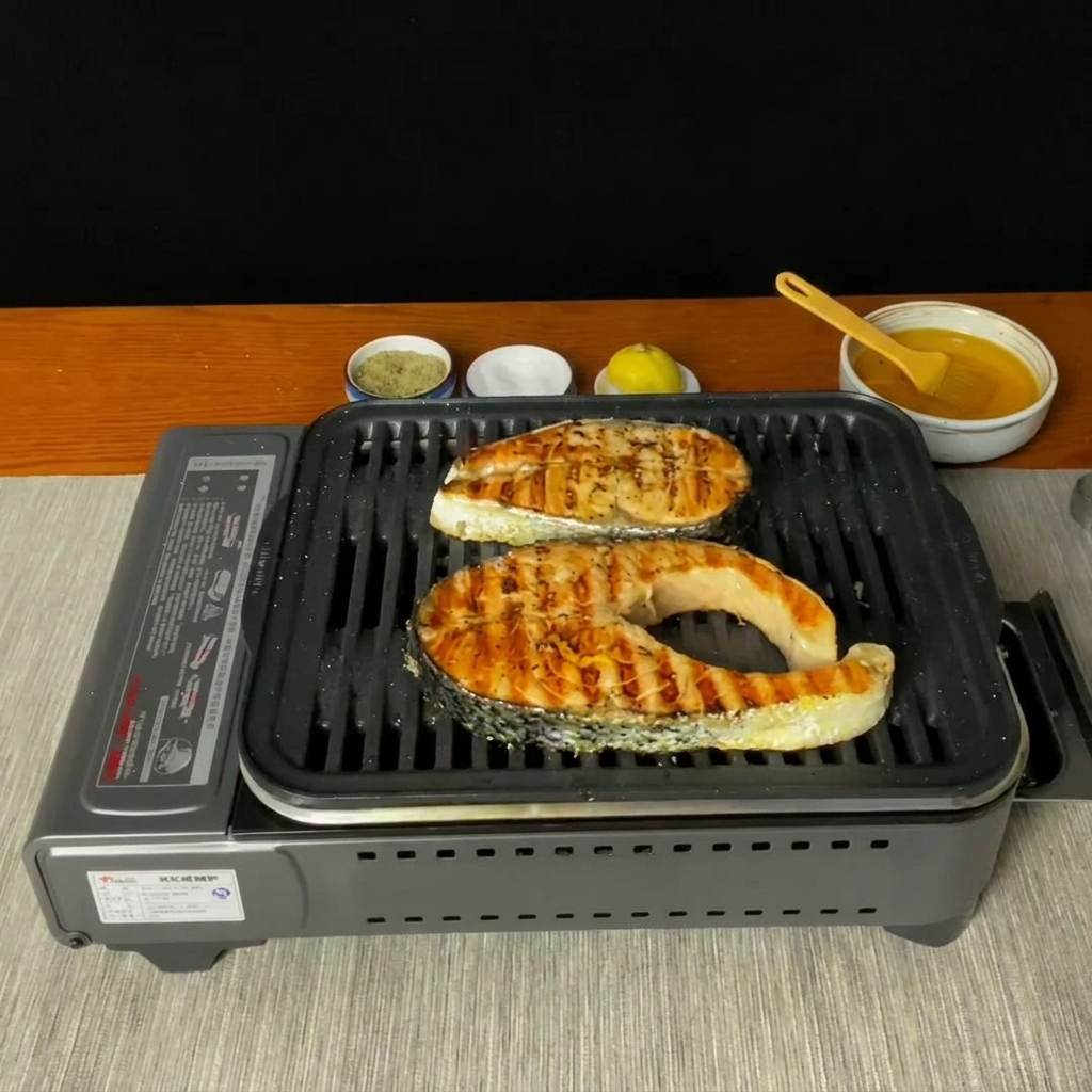 Frischer schwarzer Pfeffer wird frisch aus einer Mühle auf goldene gegrillte Lachssteaks gemahlen.
