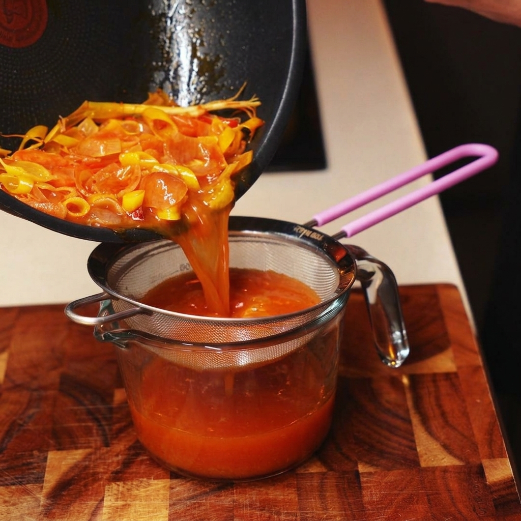 Gewürfelte rote Tomaten und Pilze werden in eine Pfanne mit aromatischer Brühe gegeben.