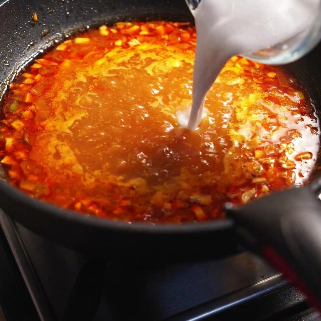 Kokosmilch wird aus einem Glas in einen blubbernden Topf mit orangefarbener Suppe gegossen.