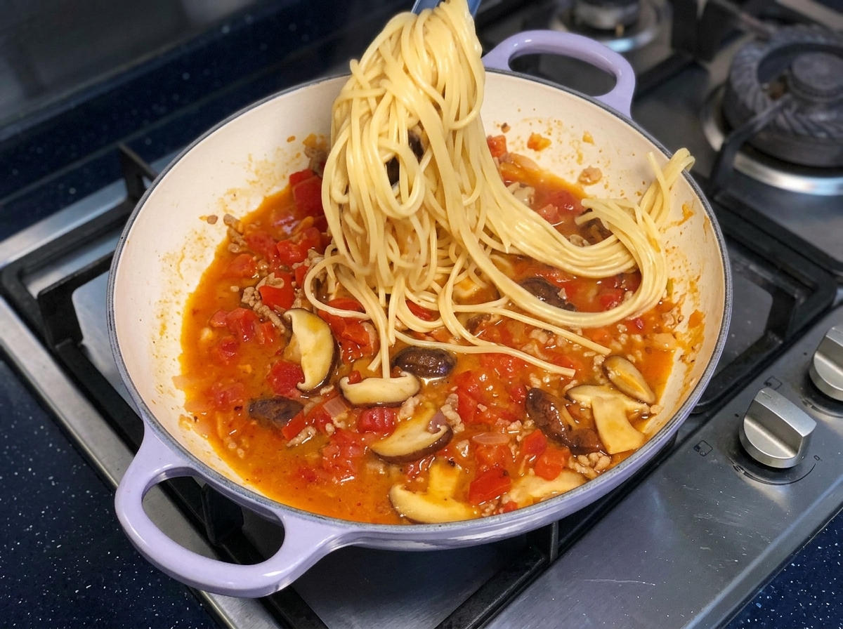Eine Zange hebt eine Portion gekochte Spaghettinudeln hoch über eine Pfanne mit blubbernder roter Tomatensoße.