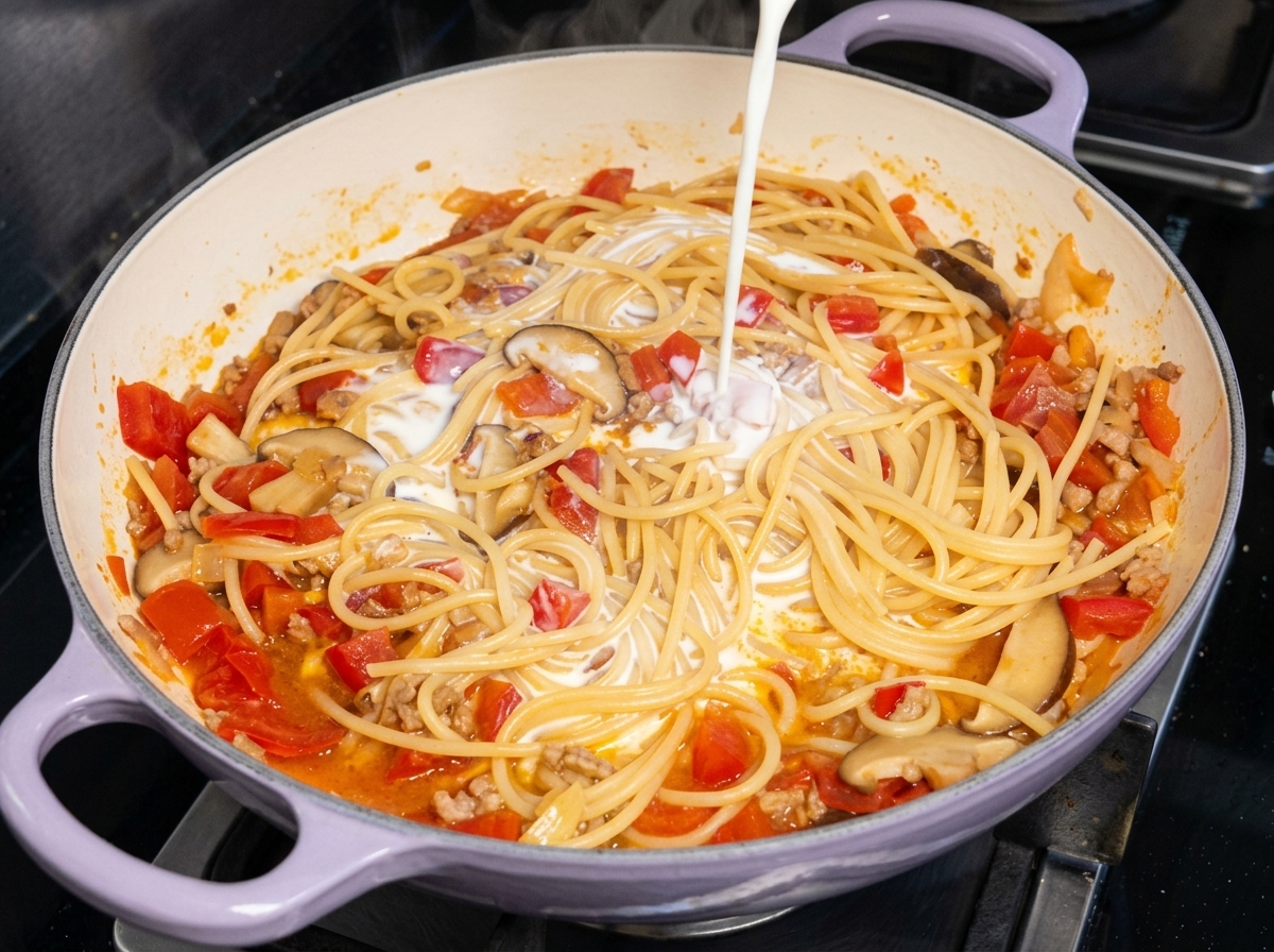 Ein Strahl weißer Milch oder Sahne wird in die Mitte einer Pfanne mit gekochten Spaghetti und Tomatensoße gegossen.