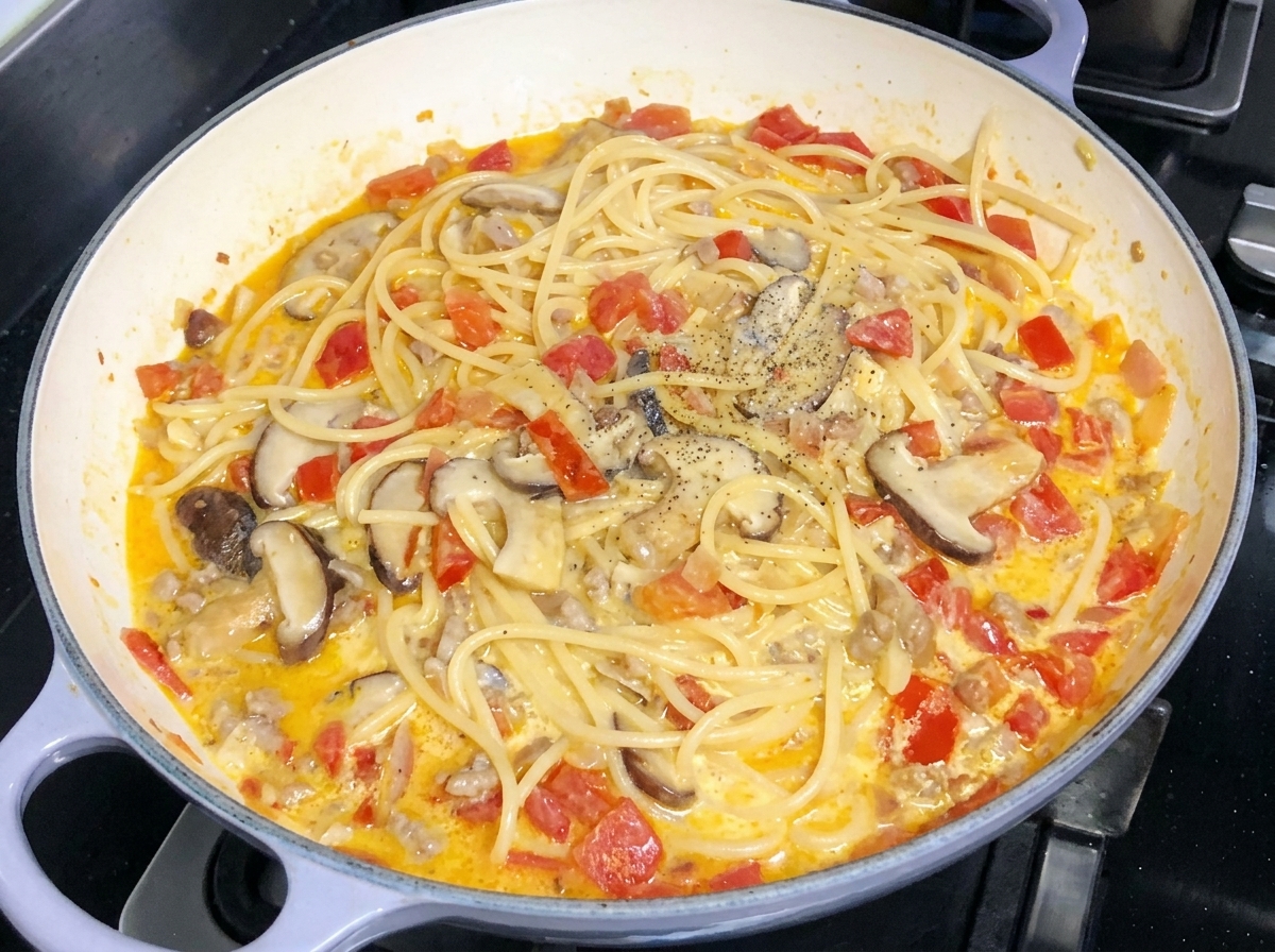 Cremige Spaghetti mit Tomaten und Pilzen in einer Pfanne, bestreut mit frisch gemahlenem schwarzem Pfeffer.