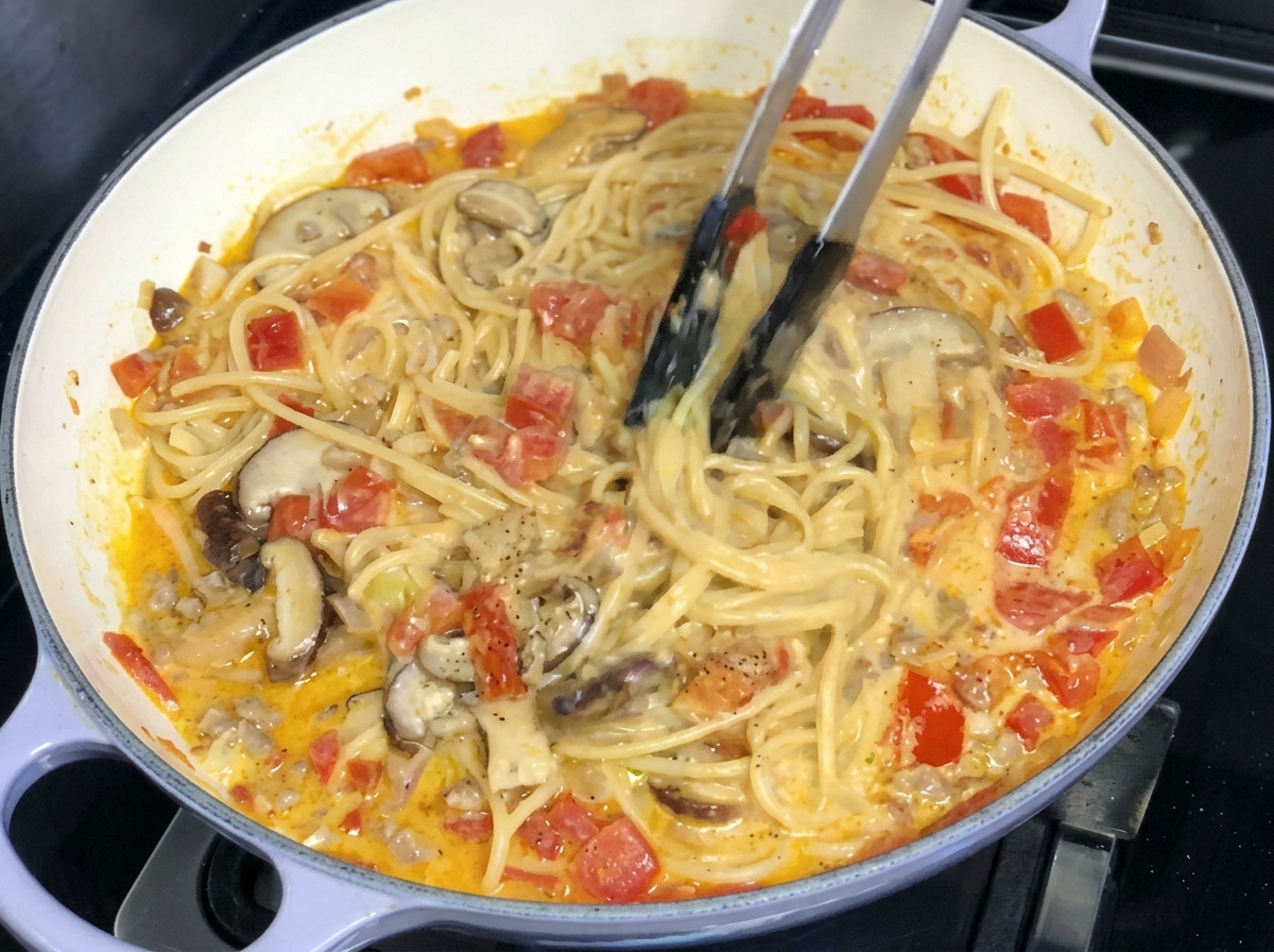 Hartkäse wird frisch über das Pastagericht gerieben, wobei eine Zange sichtbar ist.