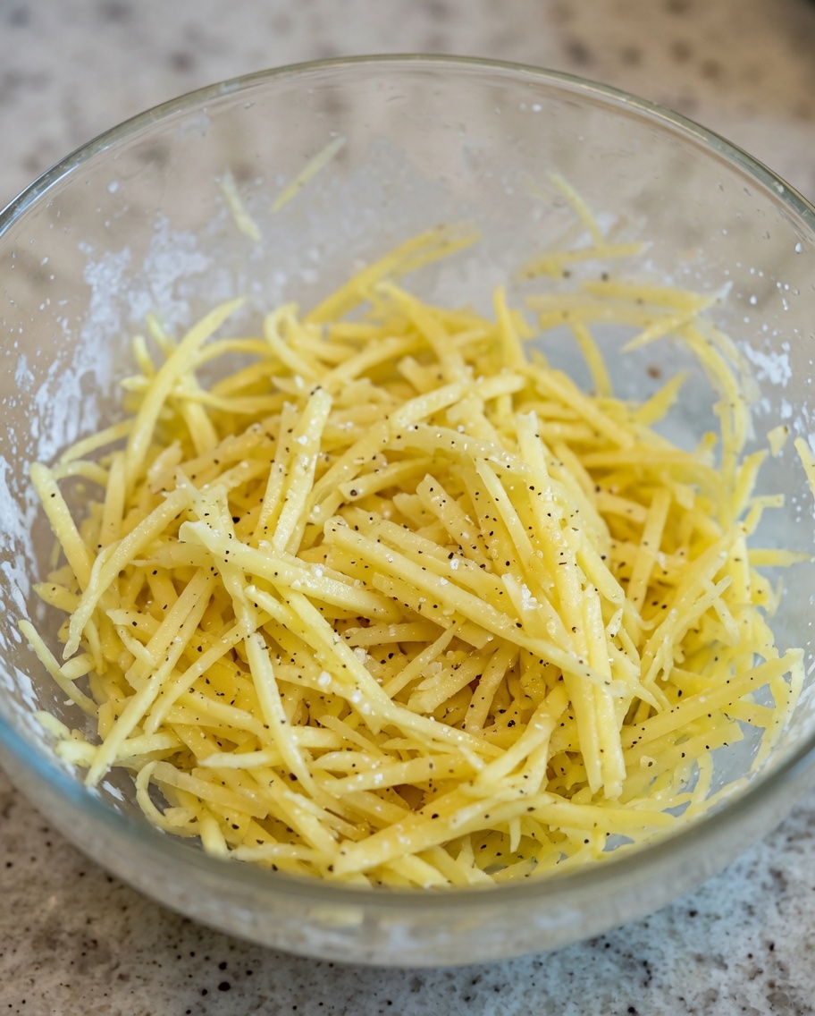 Gewürzte, geraspelte Kartoffeln in einer klaren Glasschüssel, leicht mit einer Prise Mehl bestäubt.