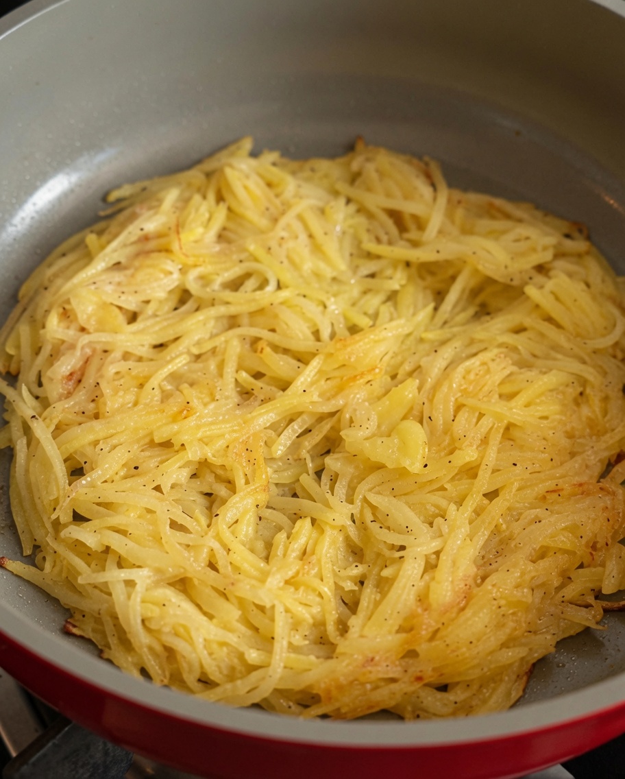 Ein runder, geraspelter Kartoffelpuffer bräunt in einer Pfanne an den geformten Rändern.