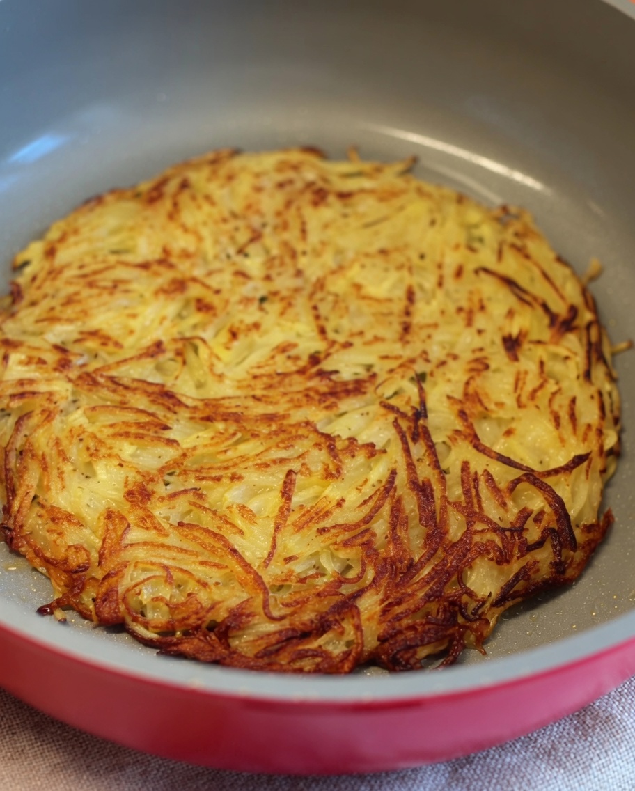 Ein runder, perfekt goldbrauner und knuspriger Kartoffelpuffer in einer beschichteten Bratpfanne.