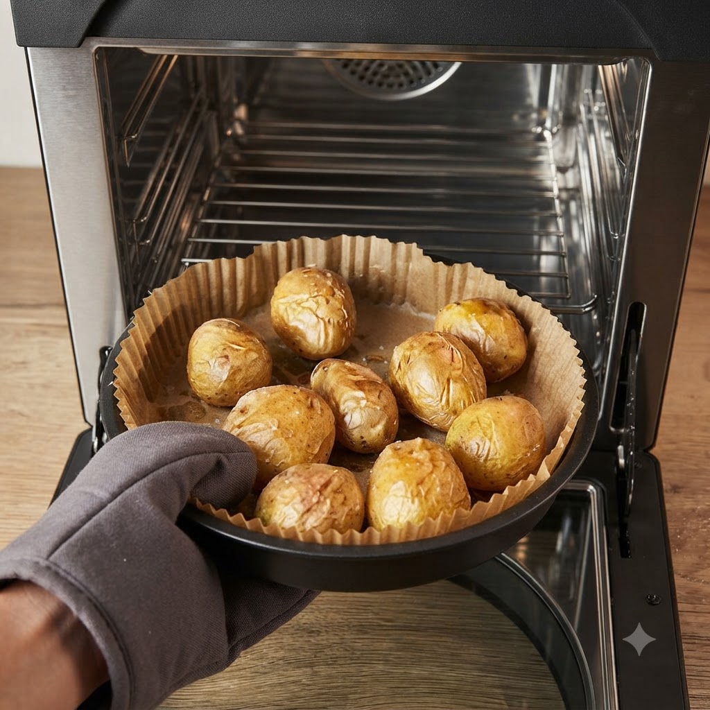 Eine handgeschützte Hand mit Topflappen hält eine Form mit gebackenen Kartoffeln, die flachgedrückt werden.