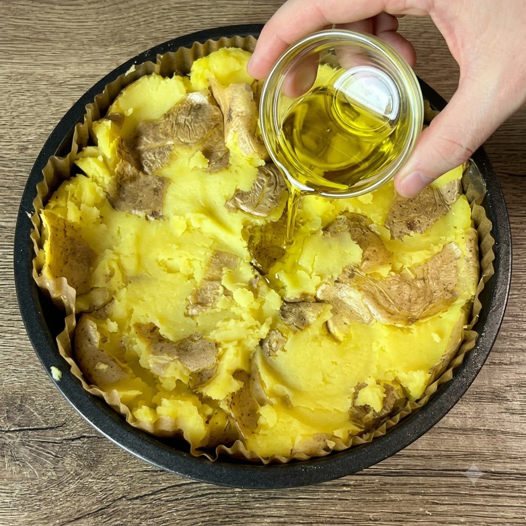 Olivenöl wird aus einer kleinen Glasschüssel auf die Oberfläche der zerdrückten Kartoffeln in einer Backform gegossen.