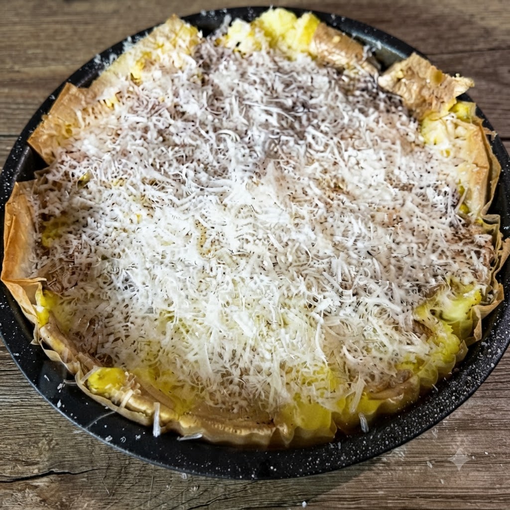 Eine Backform gefüllt mit zerdrückten Kartoffeln, die vollständig mit einer dicken Schicht frischem weißem Käse bedeckt sind.