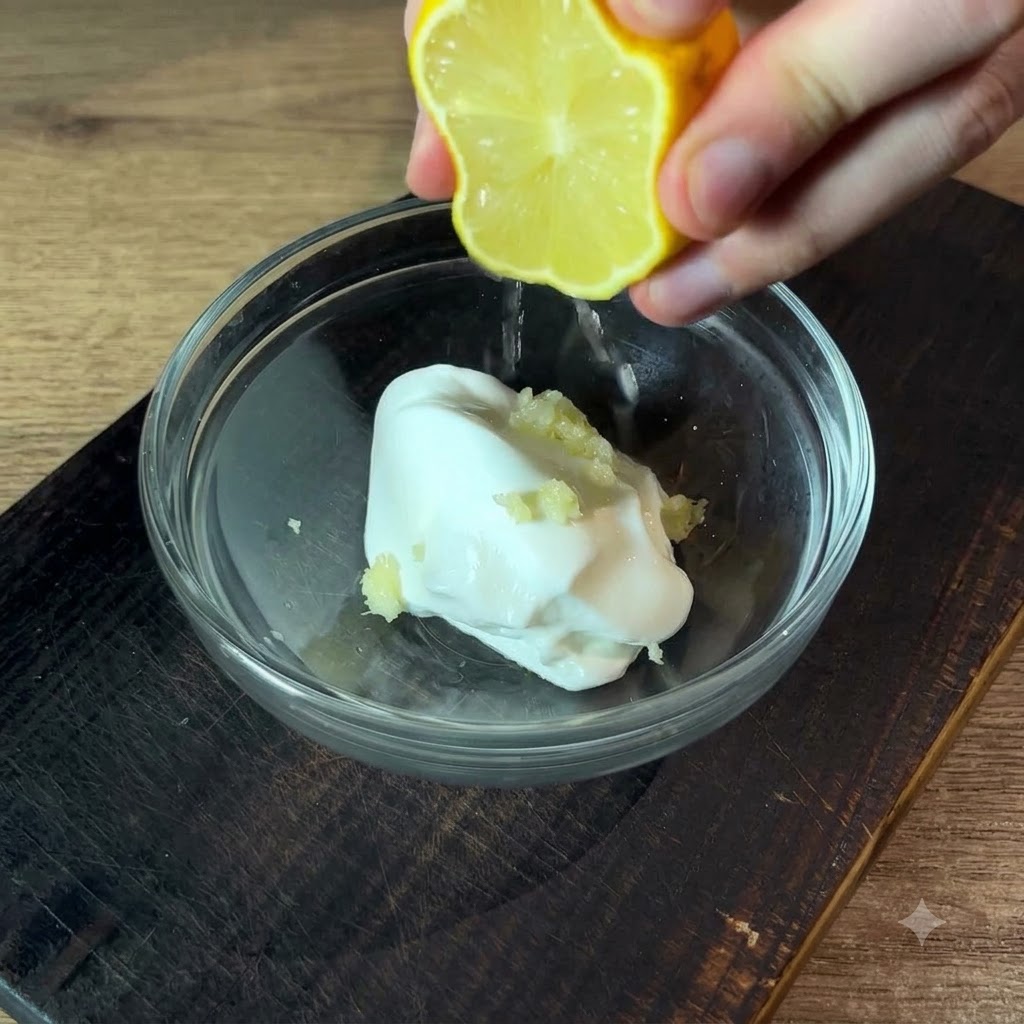 Eine frische Zitronenhälfte wird über eine Glasschüssel mit saurer Sahne und gehacktem Knoblauch ausgedrückt.