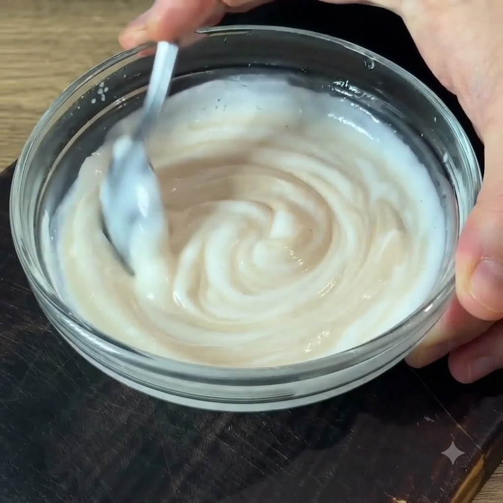 Ein Löffel cremige weiße Sauce wird gleichmäßig auf einem goldbraunen Kartoffelboden auf einem weißen Teller verteilt.