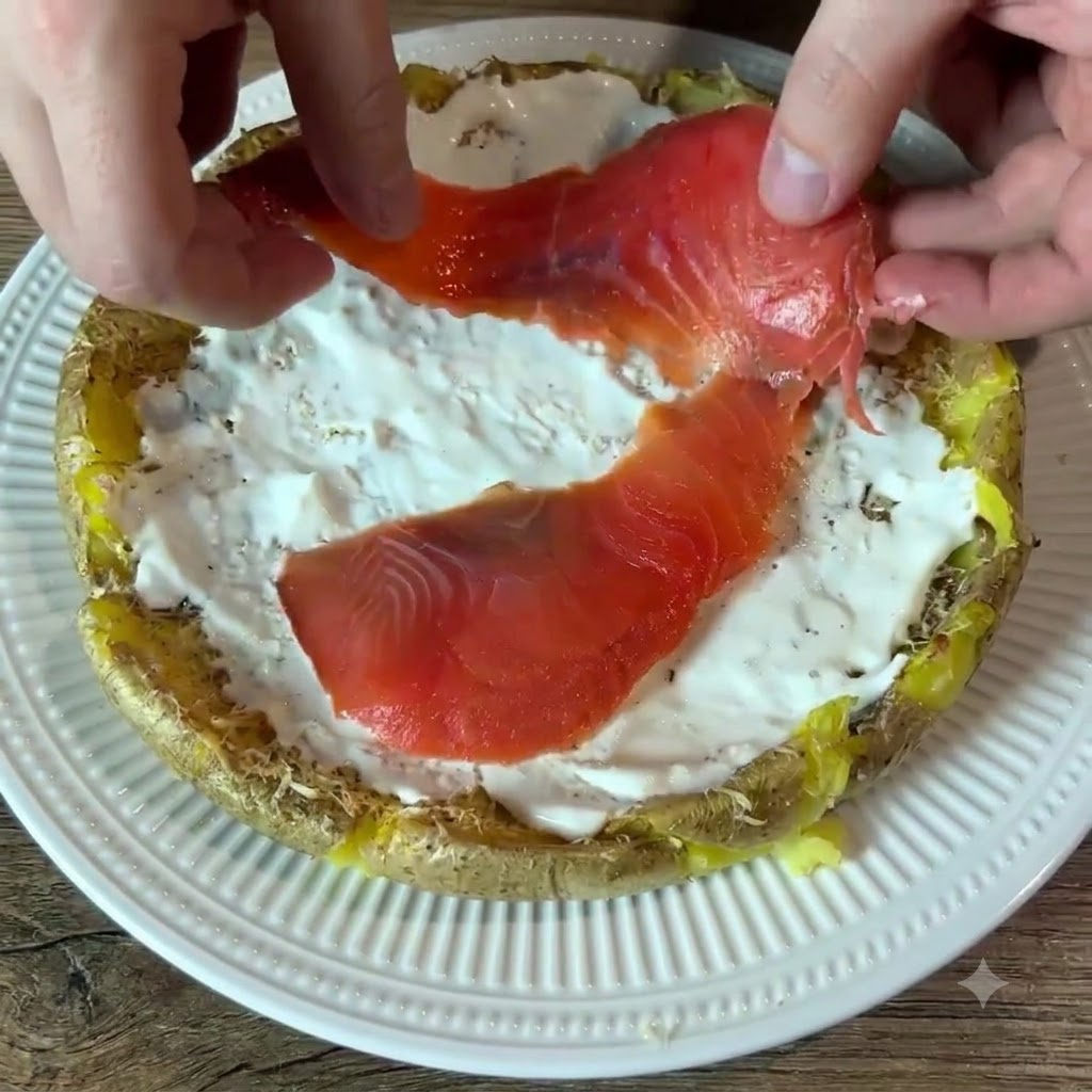 Hände platzieren leuchtend orangefarbene Scheiben Räucherlachs auf einem weiß bestrichenen Kartoffelboden.