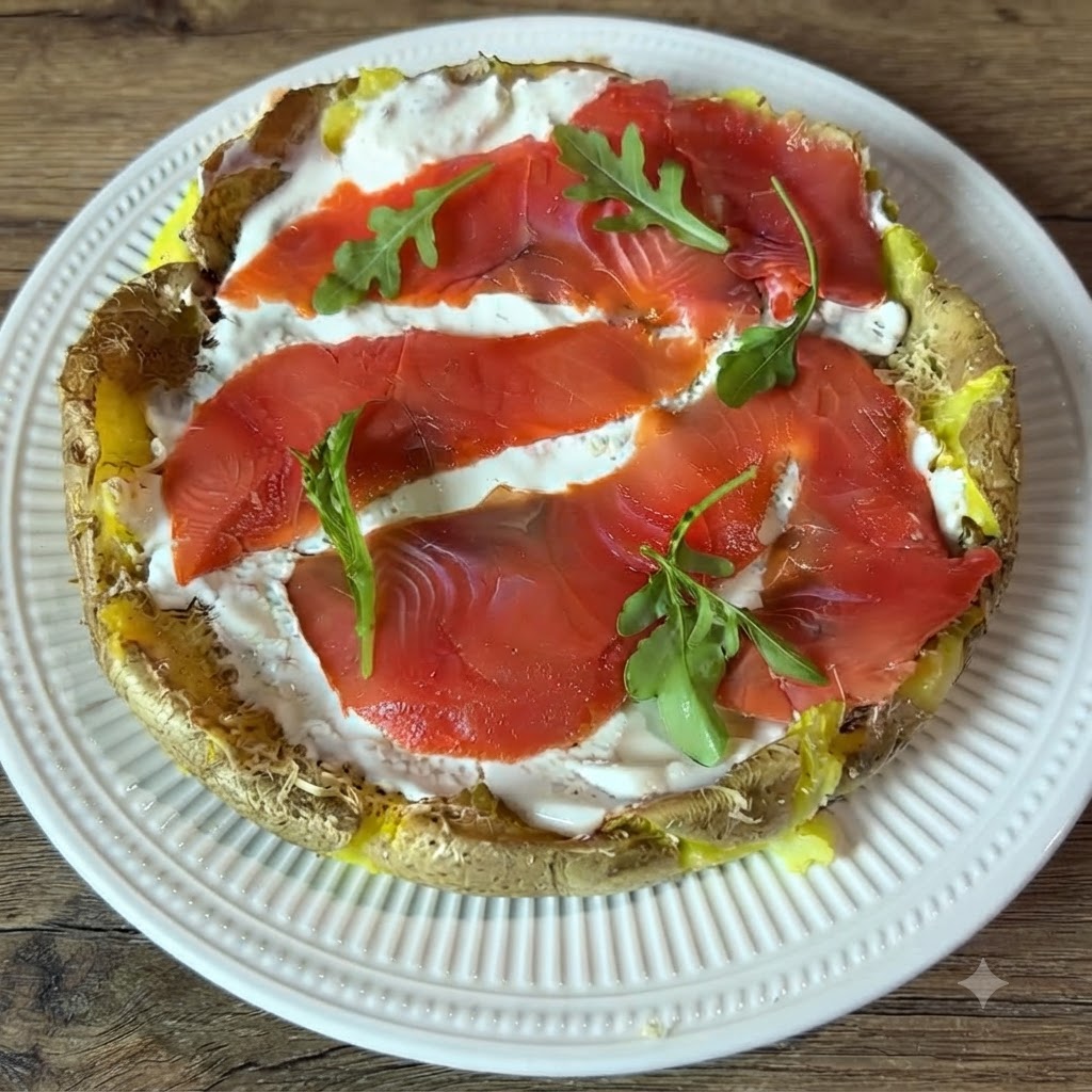Frische grüne Rucolablätter werden über die Räucherlachs- und Cremeschicht einer Kartoffel-Pizza gestreut.