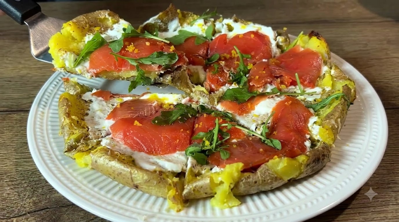 Ein Stück rustikale Kartoffel-Pizza belegt mit Räucherlachs, heller Cremesauce und frischem Grün.