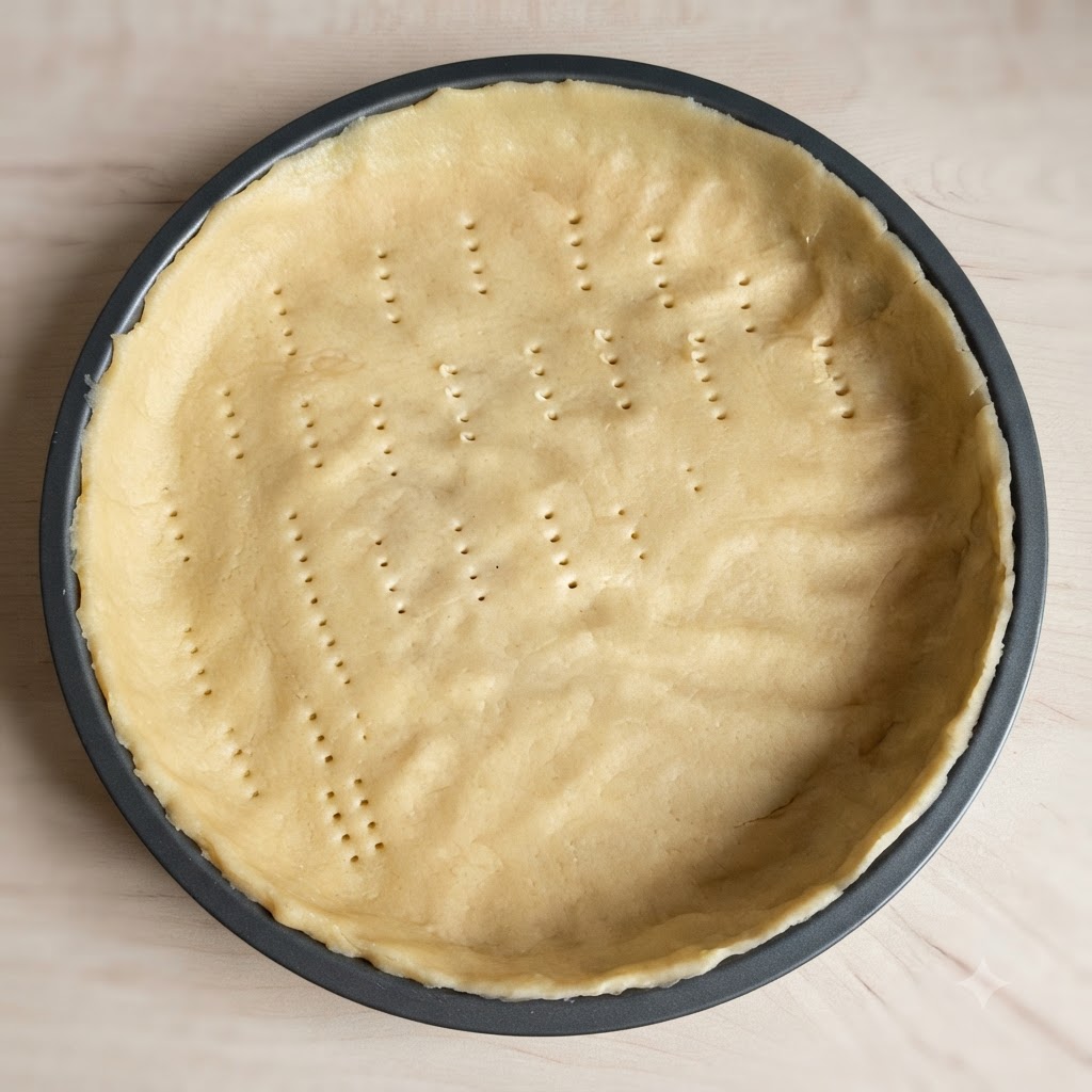 Eine Nahaufnahme eines runden, goldbraunen Tartebodens, der mehrmals mit einer Gabel eingestochen wird.