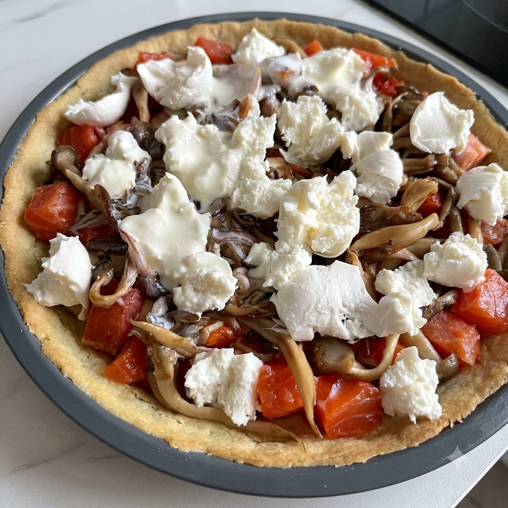 Frische Rosmarinzweige liegen auf einer ungebackenen Lachs-Pilz-Tarte.
