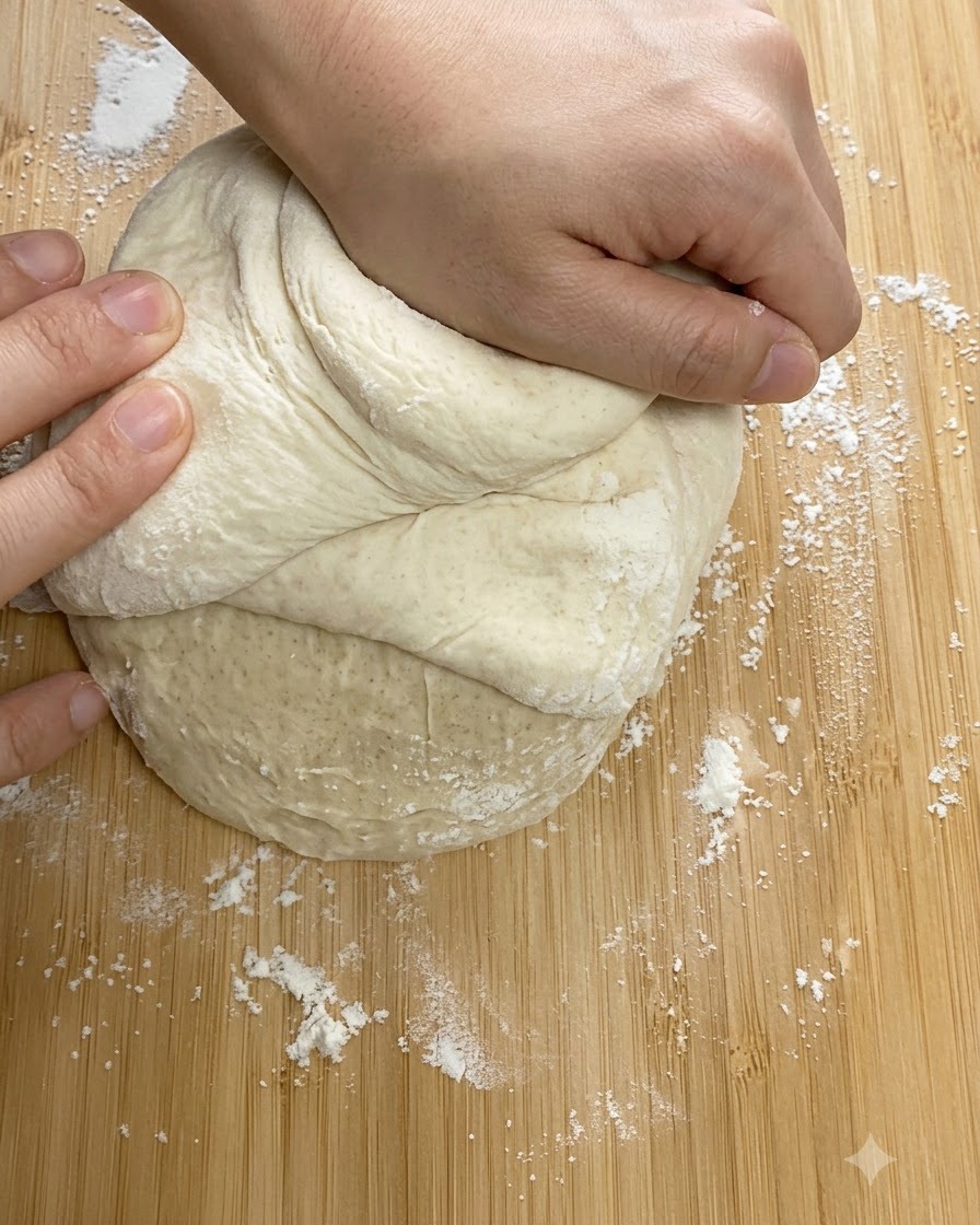 Hände kneten einen Pizzateigballen fest auf einem Holzbrett.