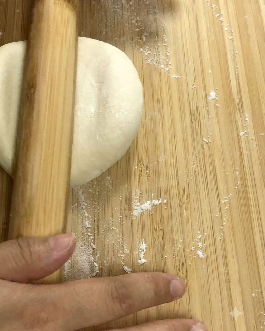 Ein Nudelholz rollt ein glattes, rundes Stück Teig auf einem Holzbrett aus.