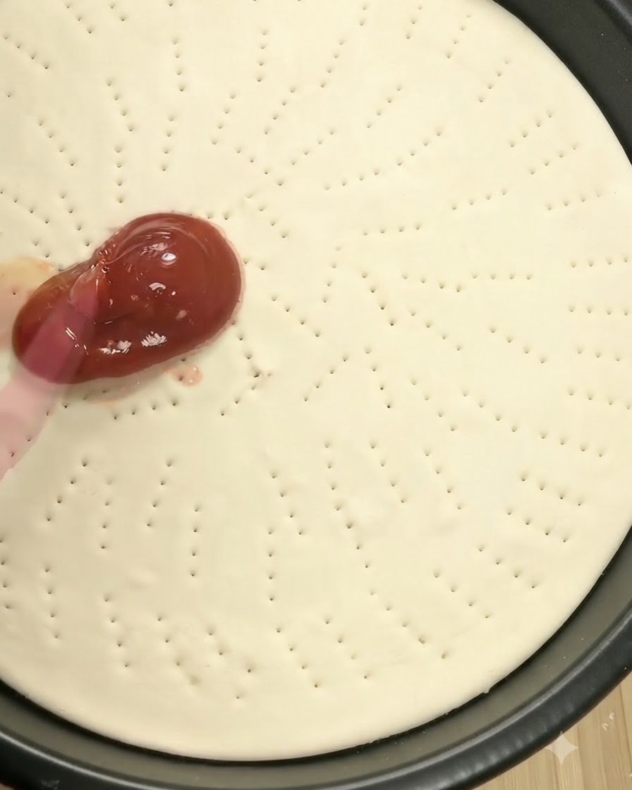 Ein rosa Silikonspatel verstreicht rote Tomatensoße auf dem Pizzateig.