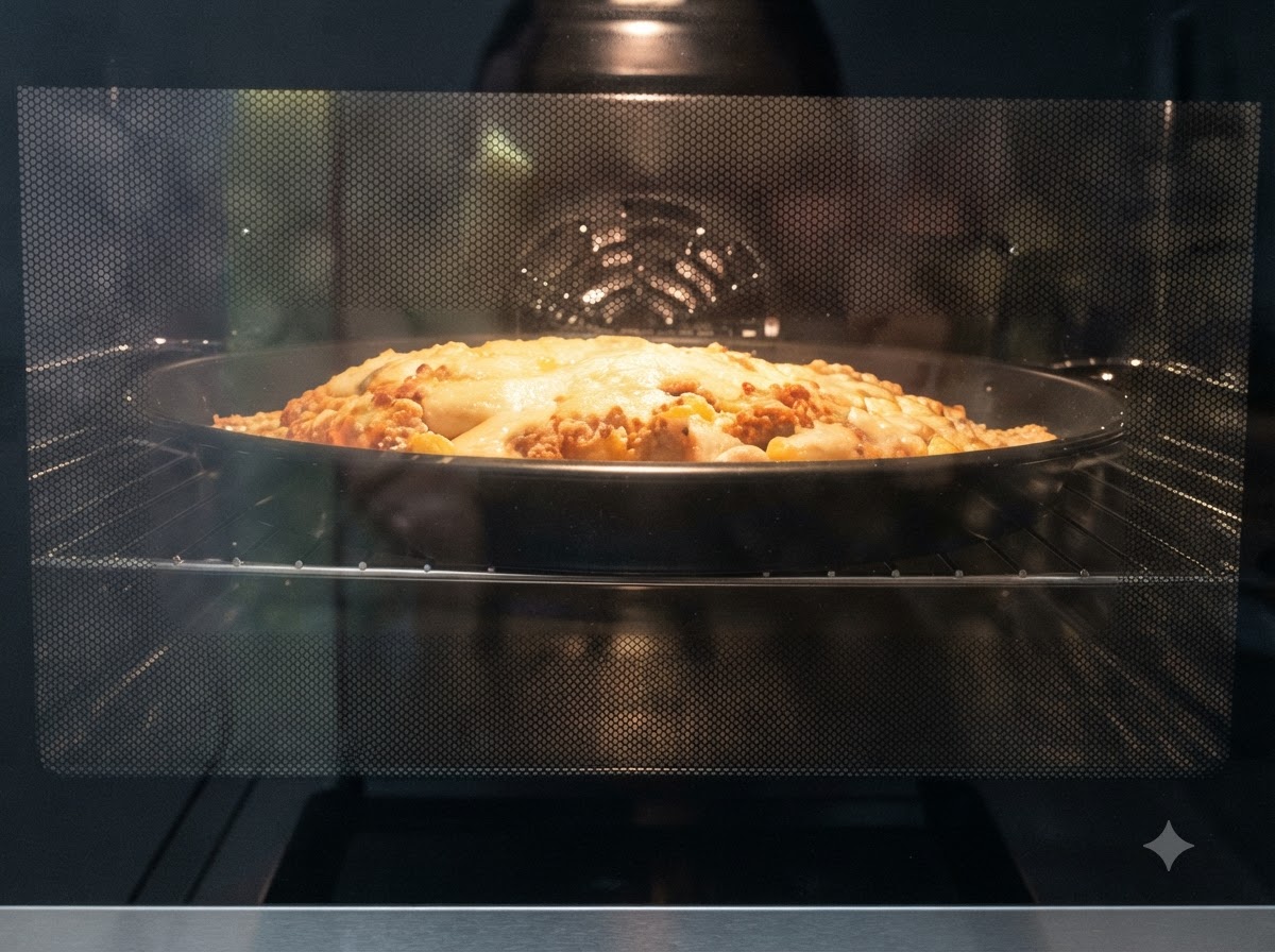 Eine Pizza backt in einem beleuchteten Ofen, der Käse schmilzt und wirft Blasen.