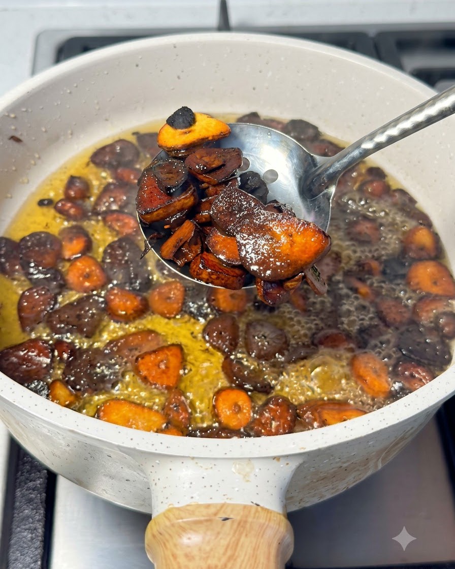 Ein Schaumlöffel hebt tiefbraune und verkohlte Knoblauchscheiben aus heißem Öl in einem Topf.