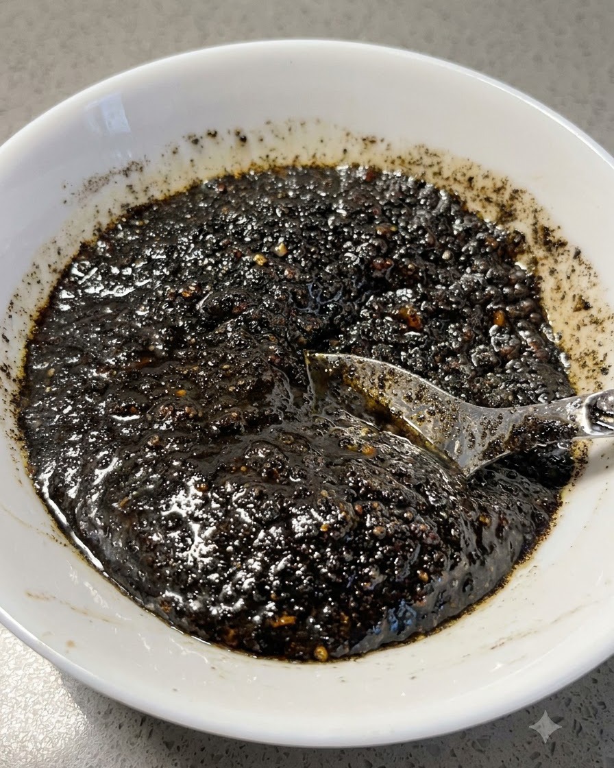Pürierte schwarze Knoblauchölpaste in einer weißen Schüssel mit einem Löffel.
