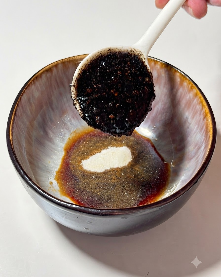 Löffel gießt dunkles schwarzes Knoblauchöl in eine Schüssel mit gewürzter Sojasauce, Knoblauchpulver und Tonkotsu-Brühe.