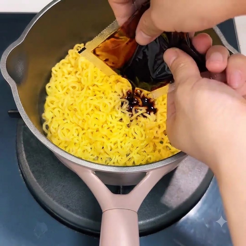 Rote Buldak-Sauce wird aus einer Packung direkt auf gelbe Nudeln in einem Topf gedrückt.