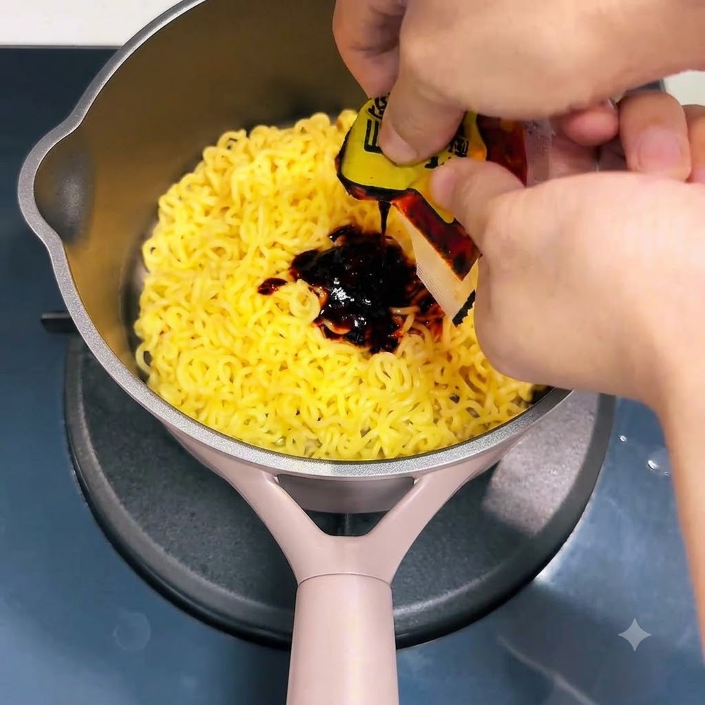 Nudeln werden mit dunkelroter Sauce in einem Kochtopf vermischt.