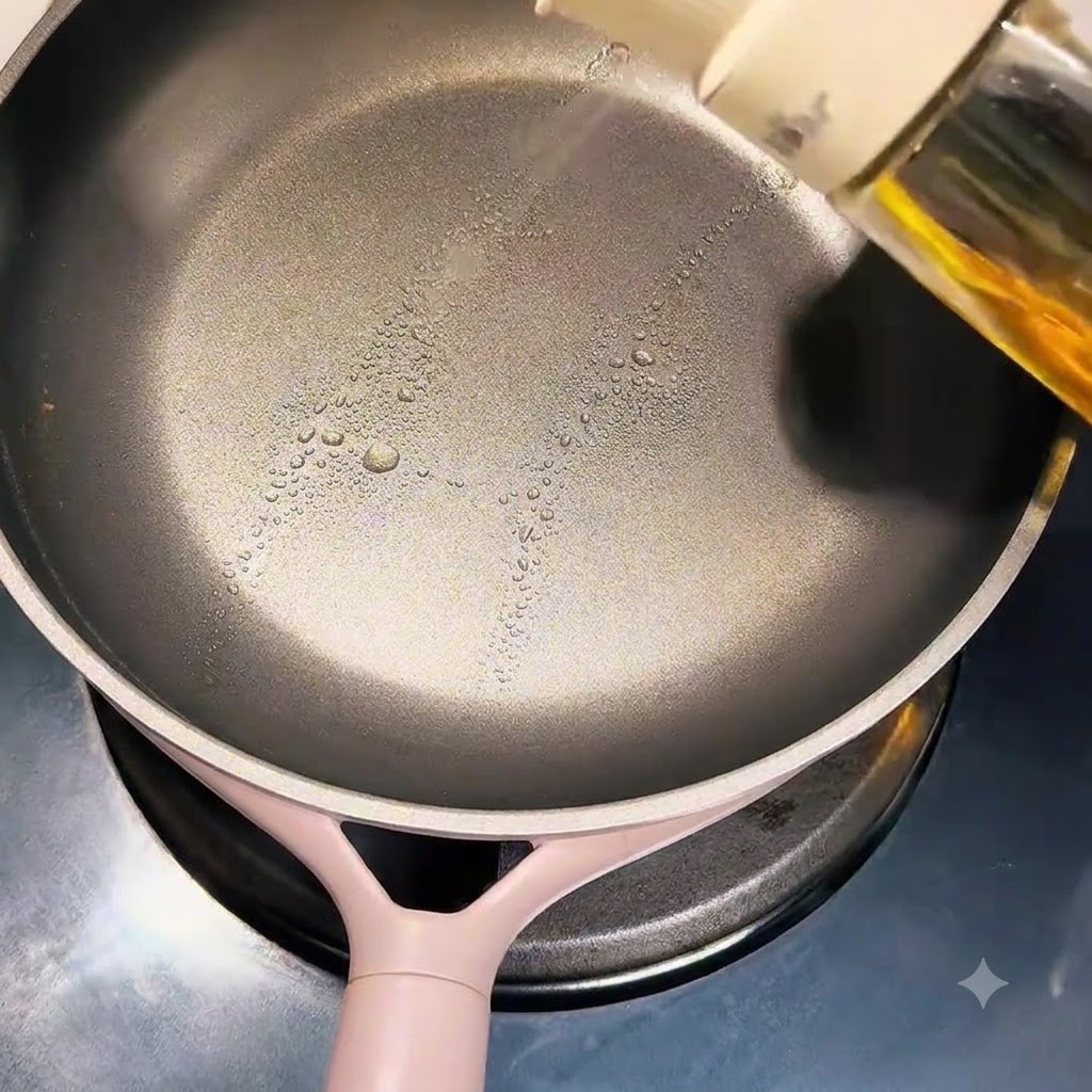 Eine Hand sprüht Speiseöl auf die Oberfläche einer sauberen Antihaft-Bratpfanne.