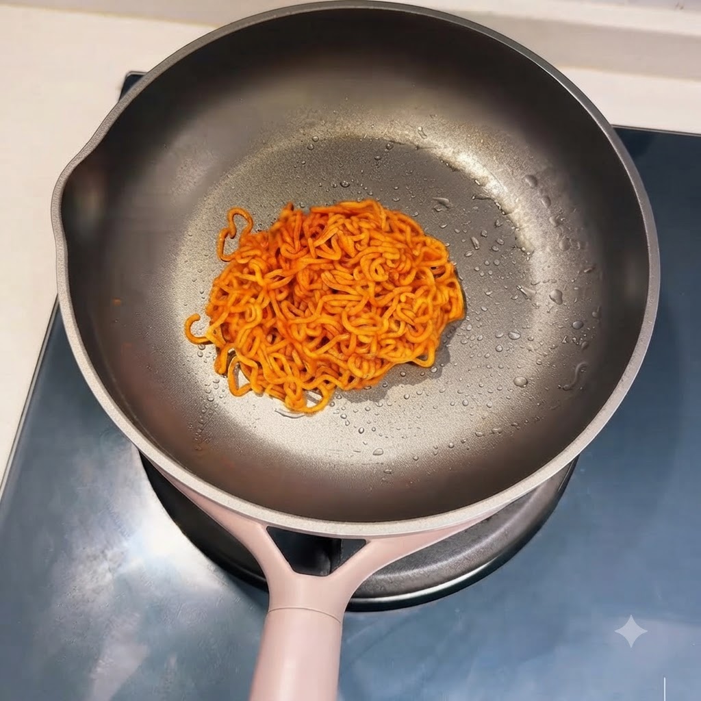 Eine Portion gekochter scharfer roter Nudeln ist ordentlich in einer Bratpfanne ausgebreitet.