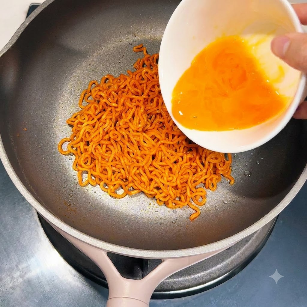 Verschlagene orange Eiflüssigkeit wird aus einer Schüssel auf Nudeln in einer Bratpfanne gegossen.