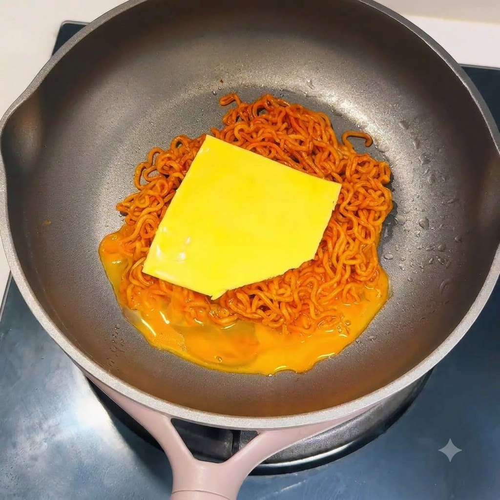 Eine Scheibe gelber Käse liegt über gekochten Nudeln in einer Bratpfanne.
