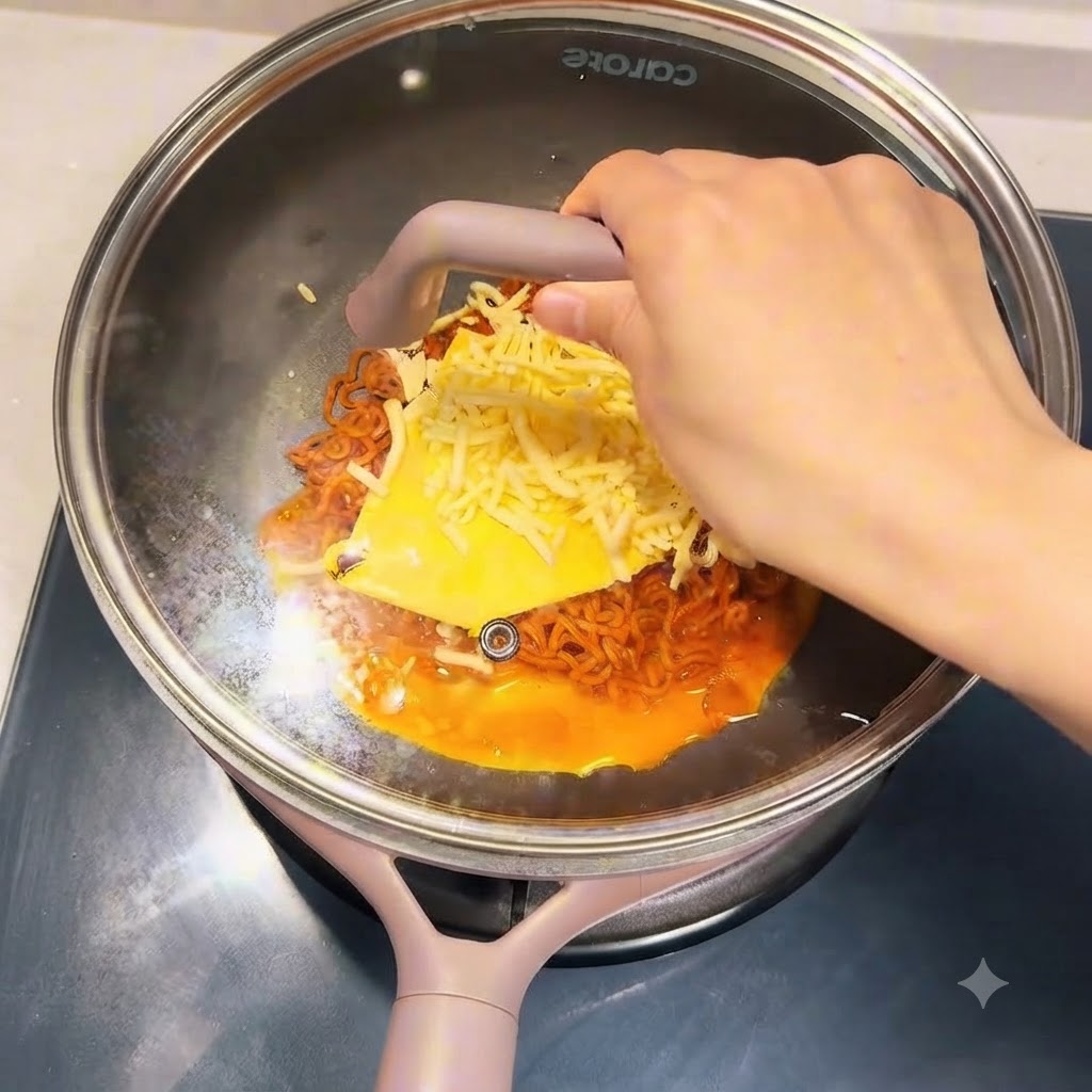 Eine abgedeckte Bratpfanne dämpft auf dem Herd, um den Käse zu schmelzen.