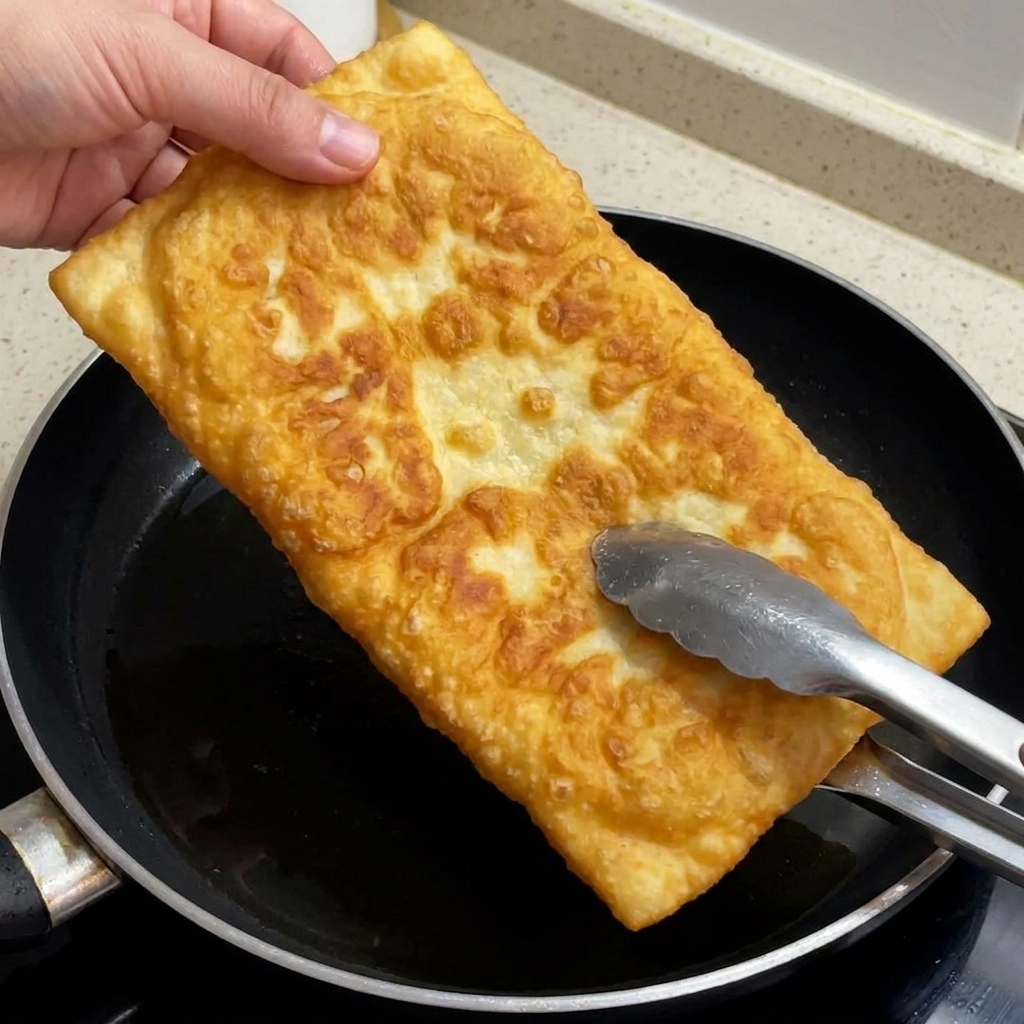 Ein goldbraun getoastetes Ciabattabrot wird mit einer Küchenschere aufgeschnitten.