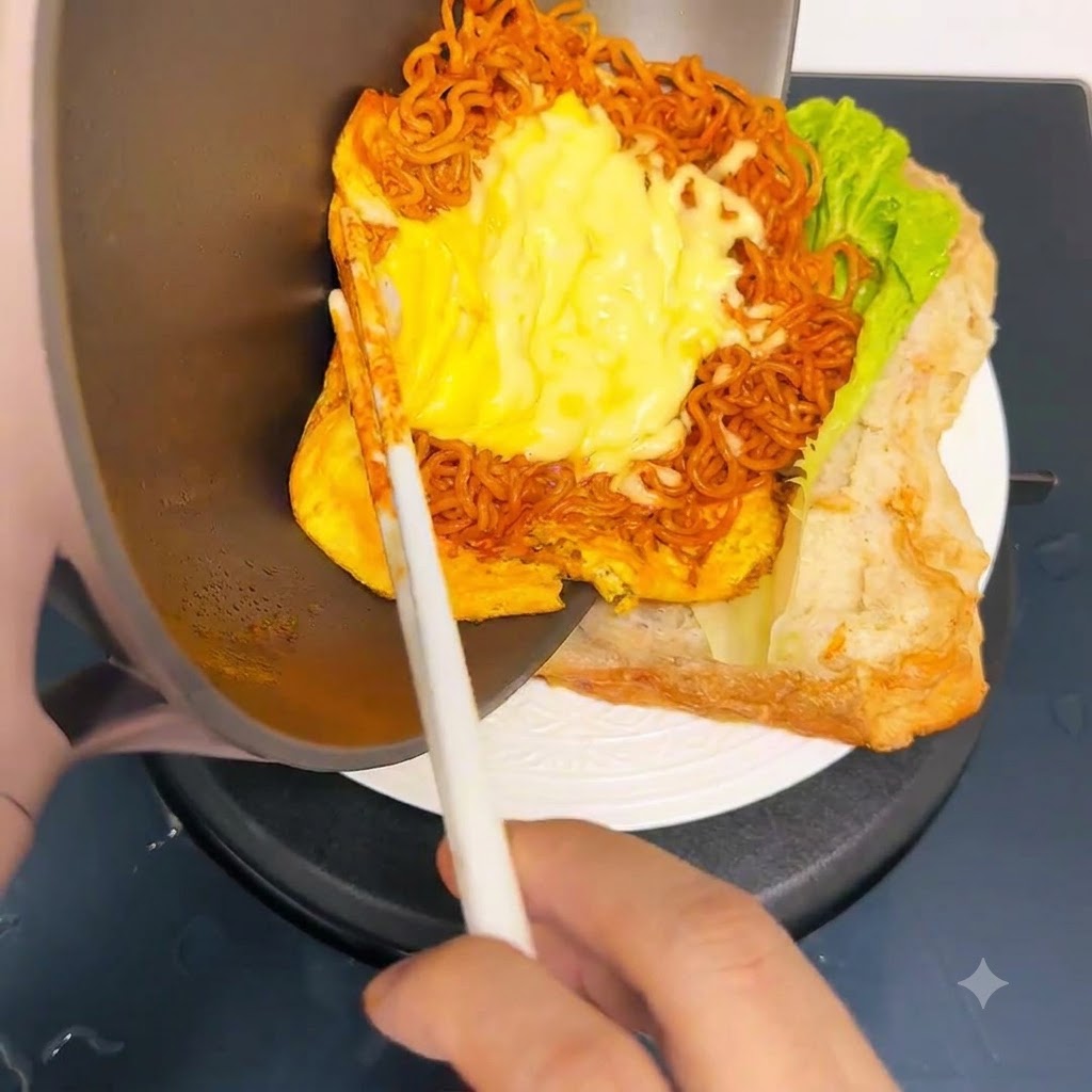 Käsige Nudeln und Ei werden aus einer Bratpfanne in ein Ciabattasandwich geschoben.