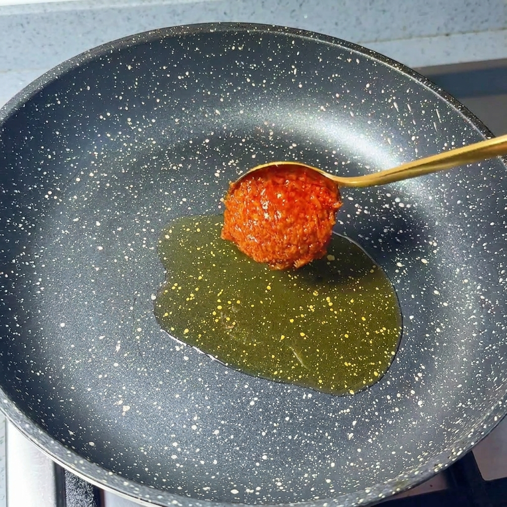 Ein Löffel mit Chilipulver und gehacktem Knoblauch über einer Pfanne mit Sesamöl.