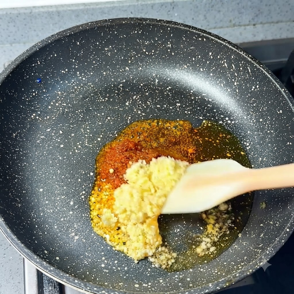 Gehackter Knoblauch und Chilipulver werden in einer Bratpfanne mit einem Pfannenwender im Sesamöl verrührt.