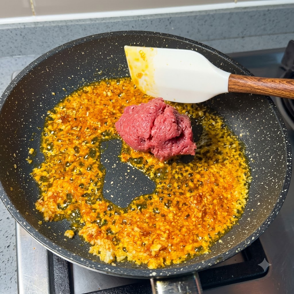 Rohes Schweinehackfleisch wird zu der Knoblauch-Chili-Mischung in die Bratpfanne gegeben.