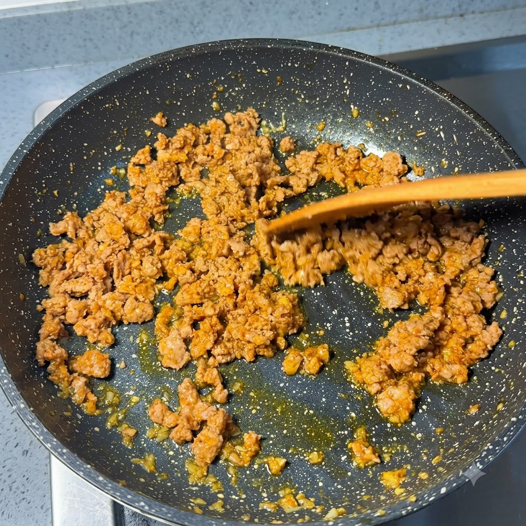 Schweinehackfleisch wird in der Pfanne angebraten und gebräunt.