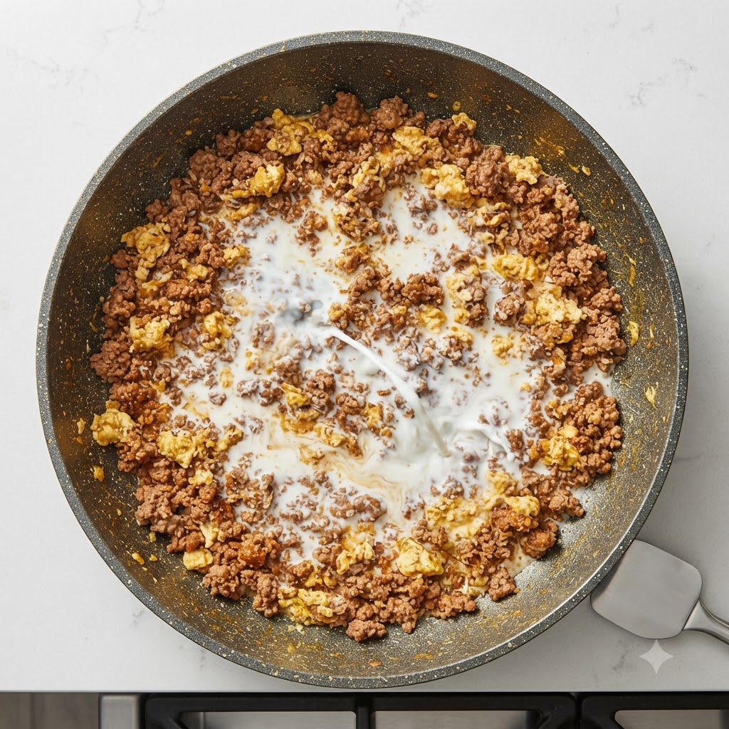 Milch wird in die Mitte einer Pfanne mit gebräuntem Hackfleisch gegossen.