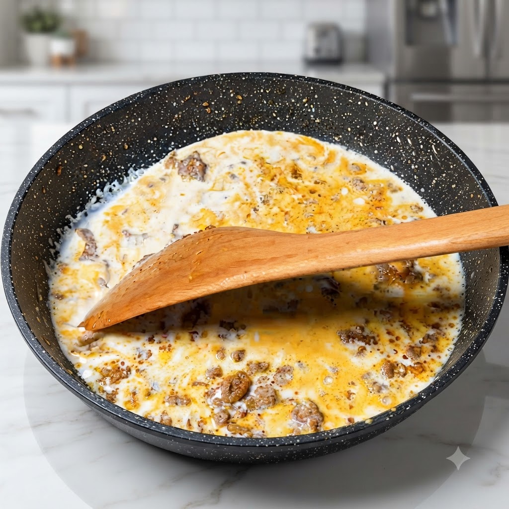 Ein Holzspatel mischt Milch und Hackfleisch in einer dunklen Bratpfanne.