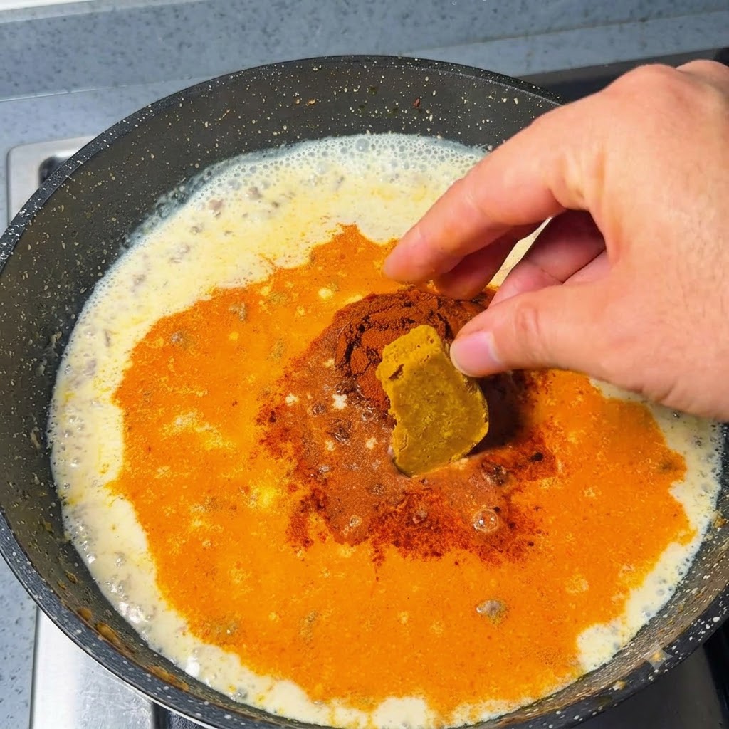 Eine Hand legt Currywürfel auf die köchelnde Flüssigkeit in der Pfanne.
