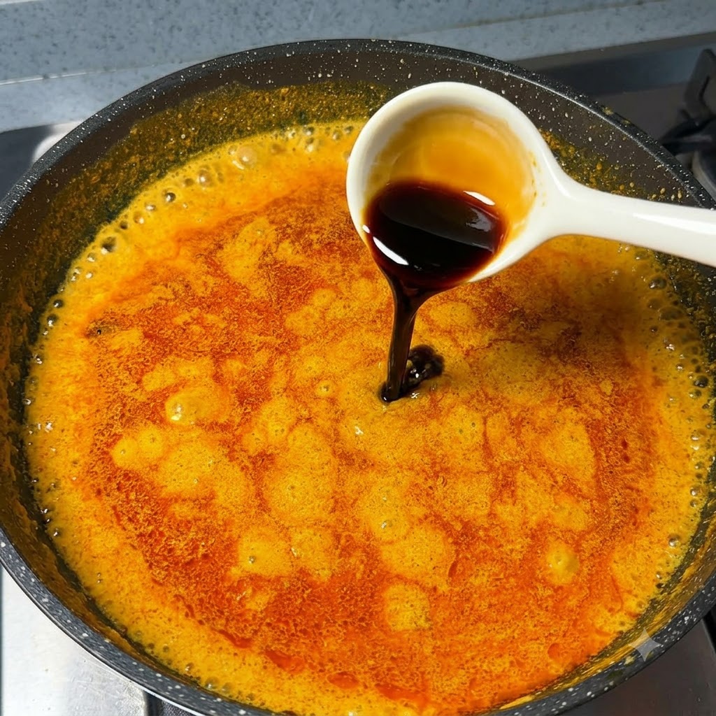 Sojasauce wird aus einem weißen Löffel in einen Topf mit köchelnder Currysoße gegossen.