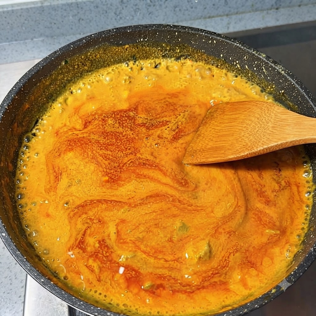 Eindickende japanische Currysoße blubbert in einer Bratpfanne und wird mit einem Holzspatel gerührt.