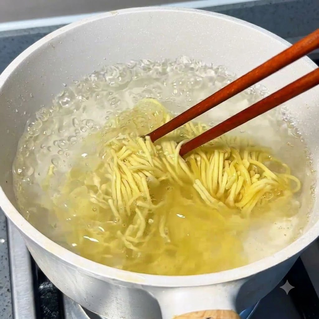 Japanische Ramen-Nudeln kochen in einem Topf mit kochendem Wasser und werden mit Holzstäbchen getrennt.
