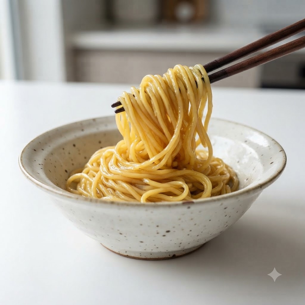 Gekochte Ramen-Nudeln werden mit Stäbchen angehoben und in eine Servierschüssel aus Keramik gelegt.