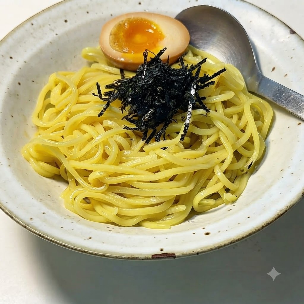 Ein halbiertes weichgekochtes Ei wird auf die garnierten Ramen-Nudeln gelegt.