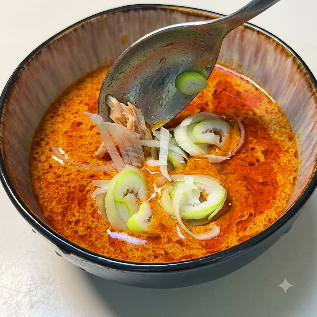 Frisch geschnittene Frühlingszwiebeln fallen in eine Schüssel mit warmer, würziger japanischer Currysoße.