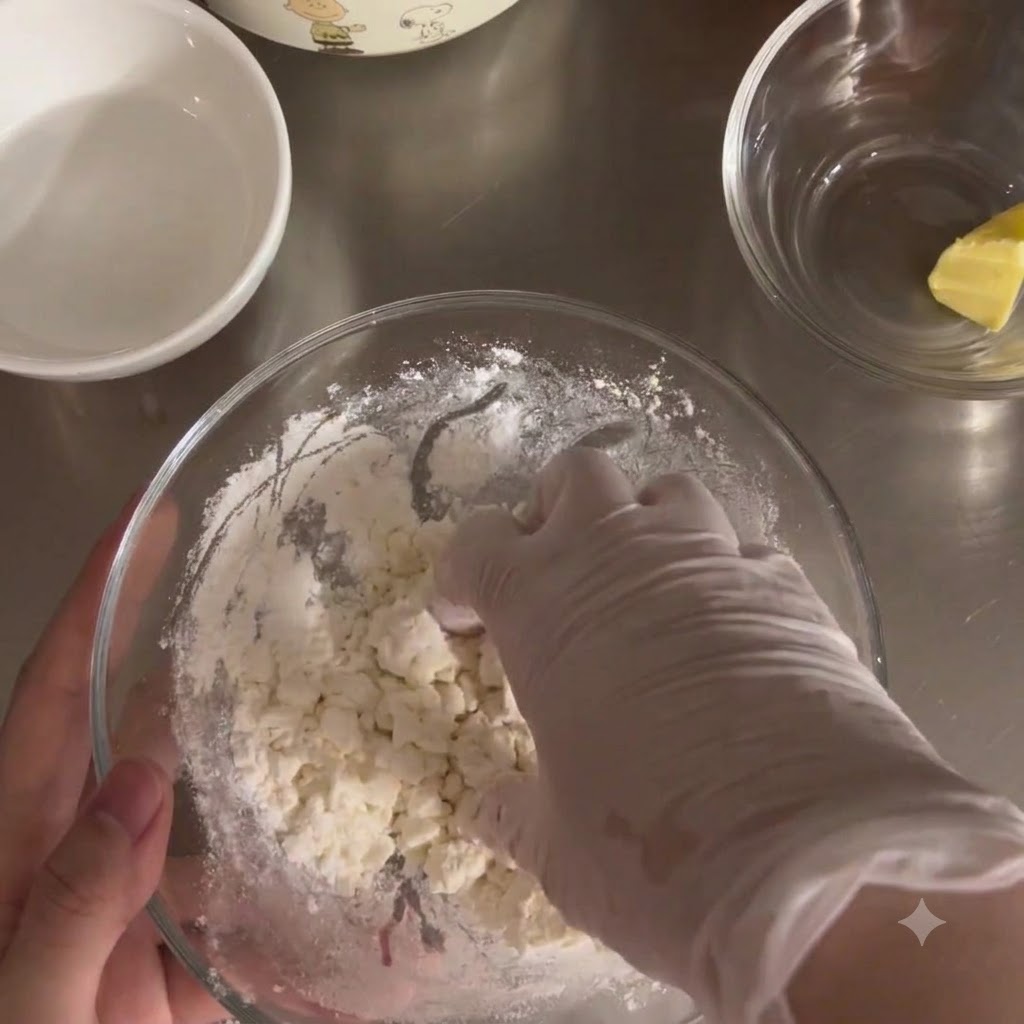 Eine be Handschuhen bedeckte Hand knetet Teig in einer klaren Glas-Rührschüssel.